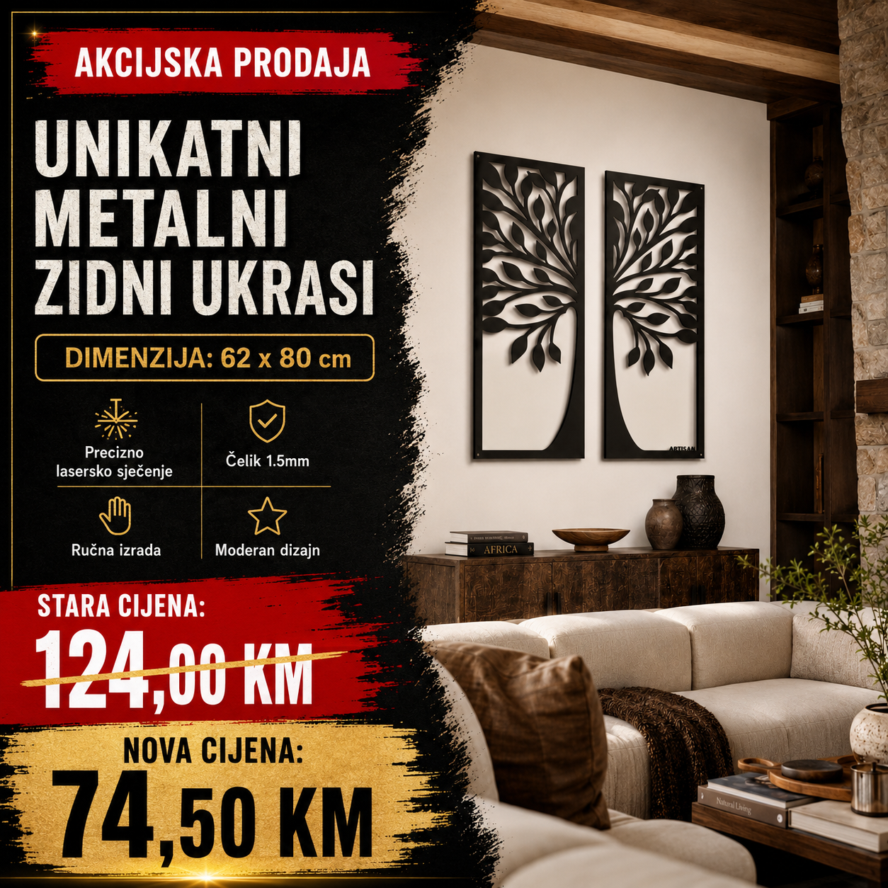 Unikatni metalni zidni ukras - Dvodijelno drvo