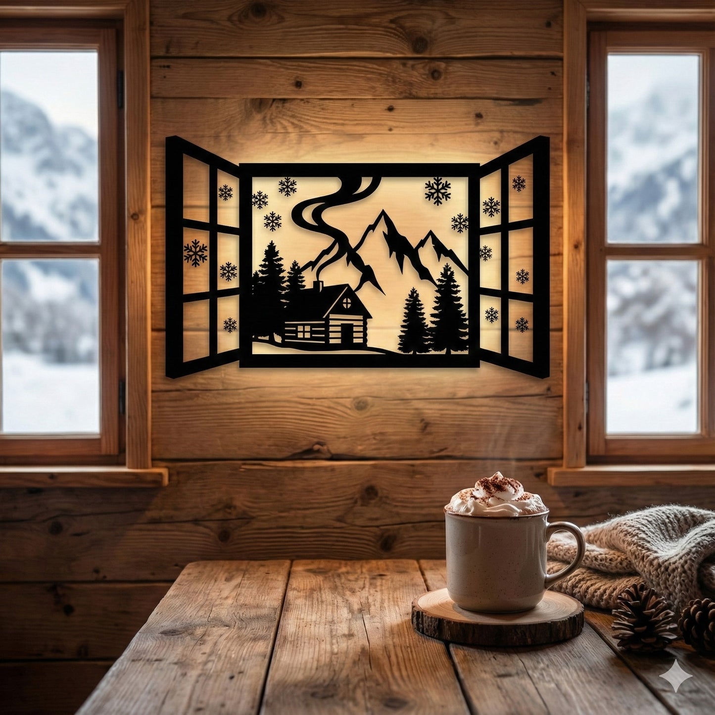 Metalna zidna dekoracija - Snježna idila (Planinski prozor)