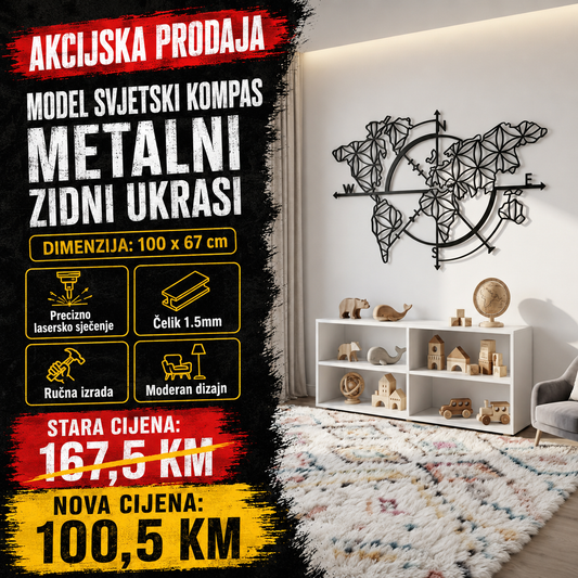Unikatni metalni zidni ukras  - Svjetski kompas