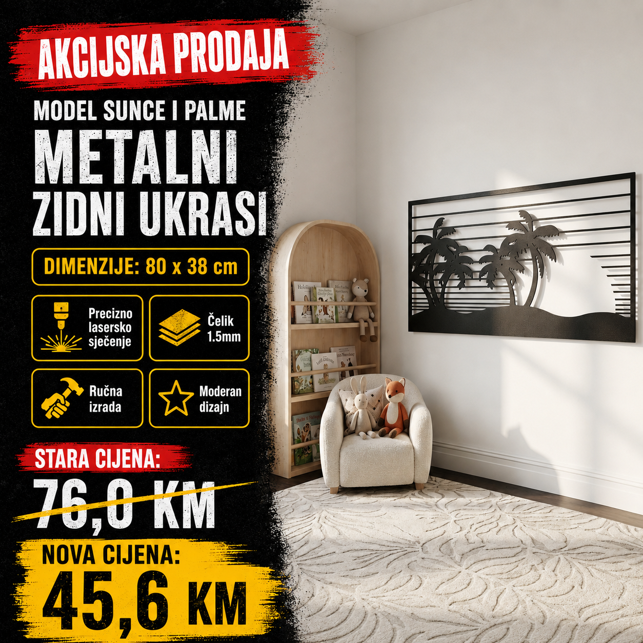 Unikatni metalni zidni ukras  - Sunce i Palme