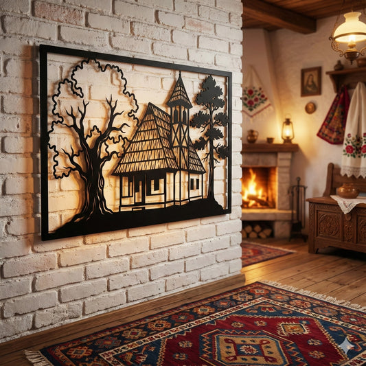 Metalna zidna dekoracija - Planinska brvnara (Mir bosanske šume)