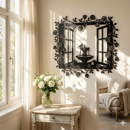 Metalna zidna dekoracija - Pogled u avliju (Prozor sa šadrvanom i ružama)