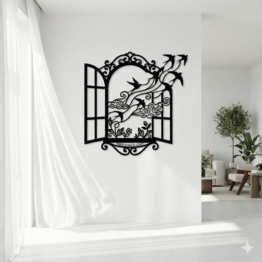 Metalna zidna dekoracija - Let slobode (Prozor sa pticama)