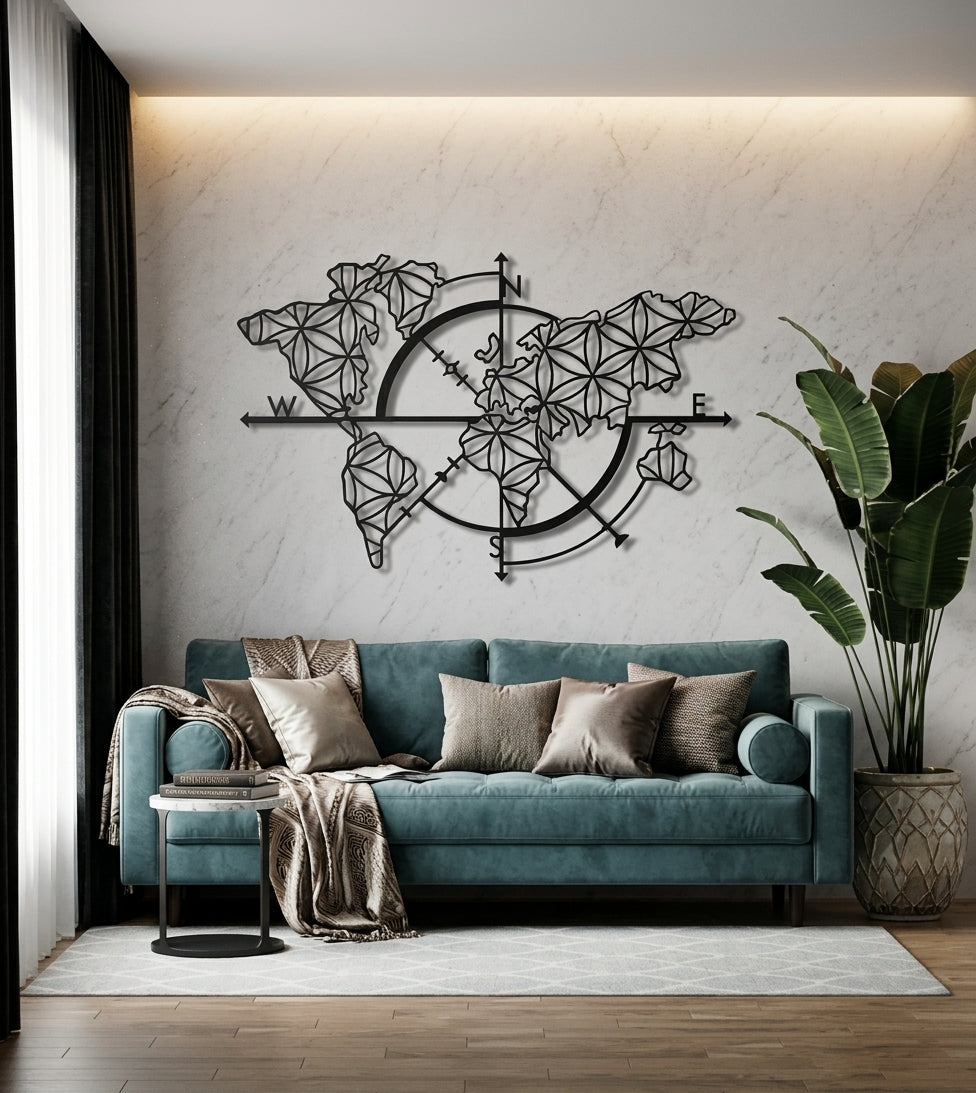 Metalna zidna dekoracija World Map Compass 100x67 cm