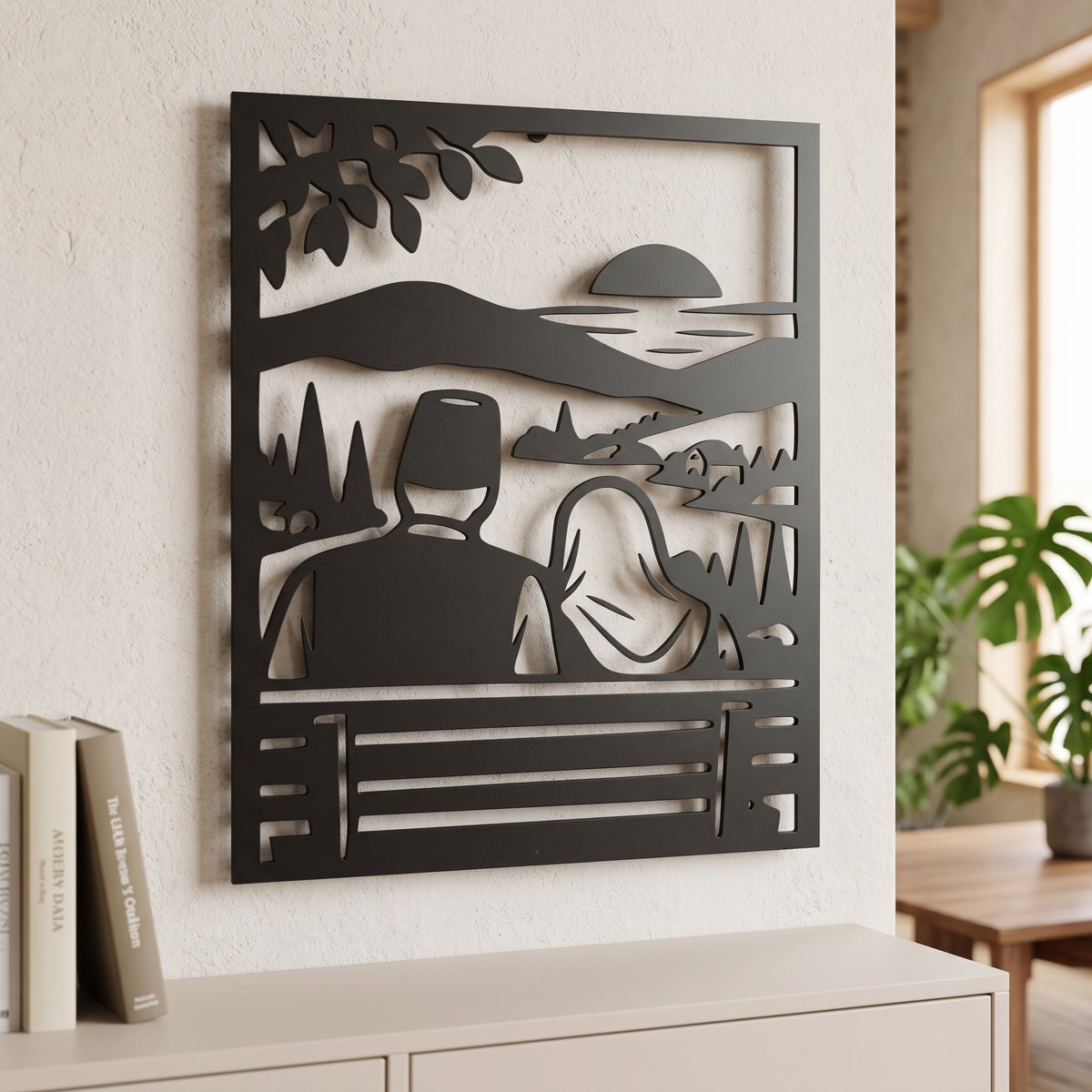 Zajedno na klupi metalna zidna slika 40x40 cm na svijetlom zidu