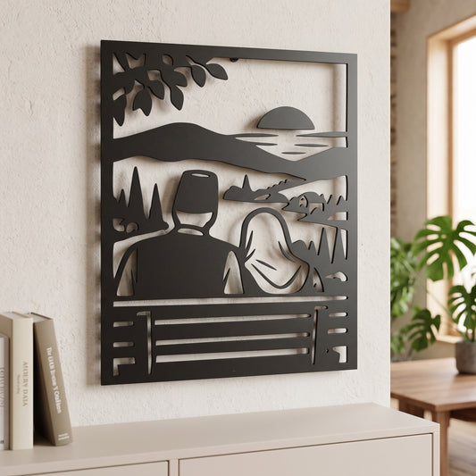 Zajedno na klupi metalna zidna slika 40x40 cm na svijetlom zidu